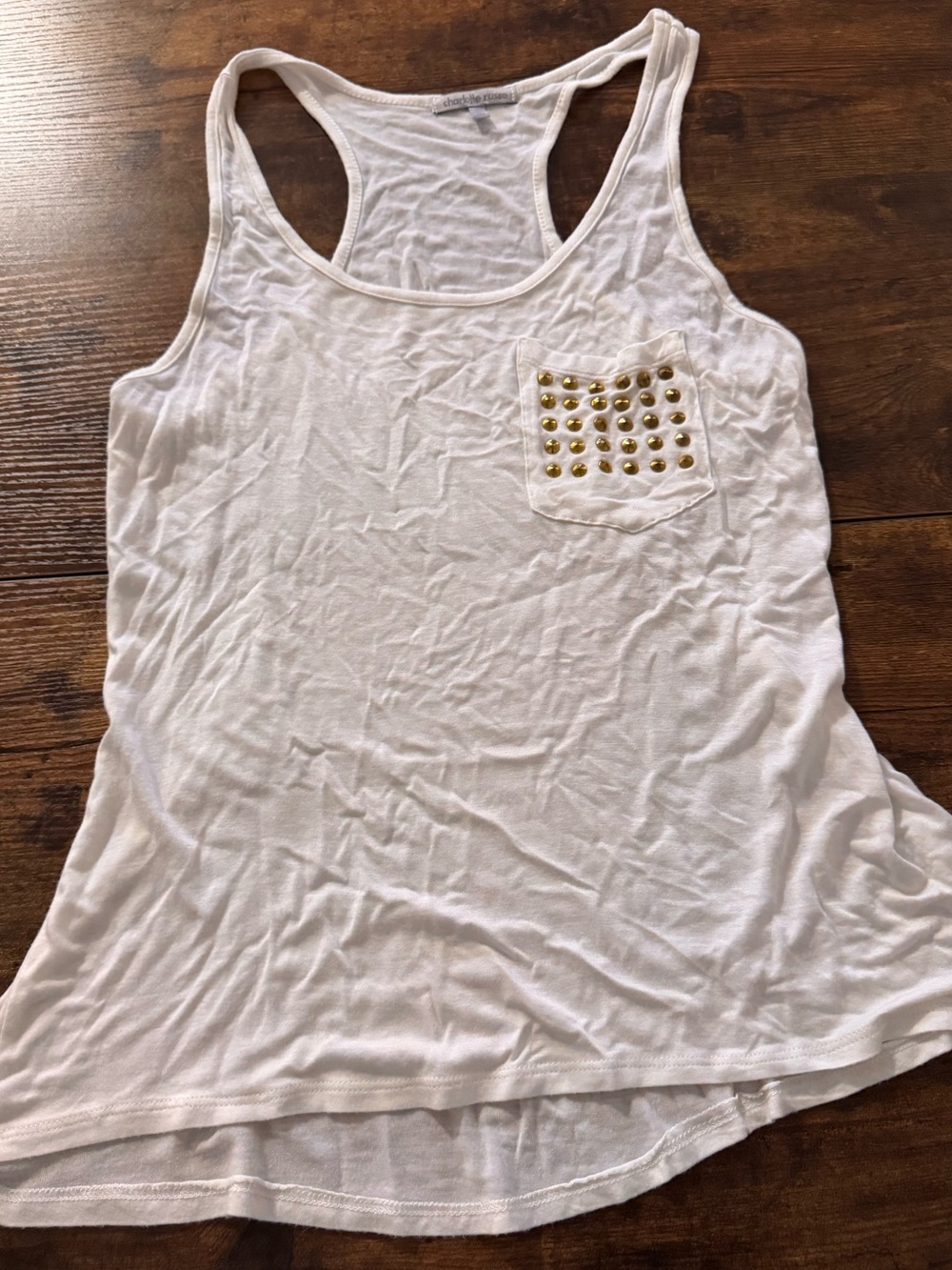 Charlotte Russe White Racerback Tank with Gold Stud Pocket
